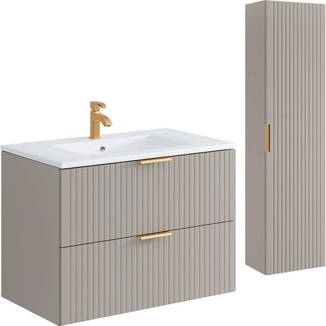 Vente-Unique – Ensemble de meubles de salle de bain suspendu strié – Vasque à encastrer blanche – 80 cm – 2 tiroirs soft close – Colonne beige 140 cm (1/5)