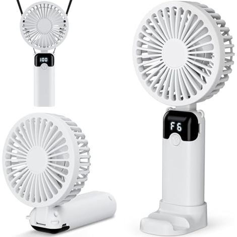 Ventilateur Portable USB Rechargeable, Petit Mini Ventilateur à Main avec 6 Vitesses, Batterie 4000 mAh, écran LED, Ventilo Portable Pliable Pour Bureau, Maison, Voyage Extérieur, Cadeau d’été –Blanc (1/5)
