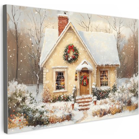 TABLEAU SUR TOILE Noël - Maison - Hiver - Neige Tableau Cuisine Décoration murale 90x60 cm