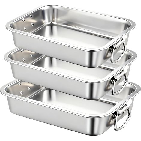 Ensemble de 3 Plats à Four Rectangulaires en Acier Inoxydable avec Poignées, Motif nid d'abeille, Plaque de Cuisson Pour Four, pour les lasagnes, compatible lave-vaisselle (1/5)