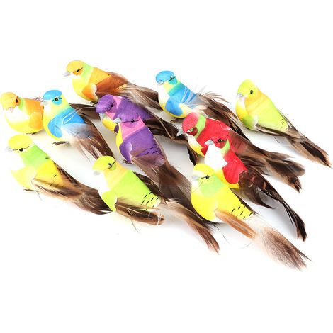 Uccelli artificiali con piume, 12 pezzi, bellissimi uccellini in schiuma colorati, decorazione per giardino e piante.