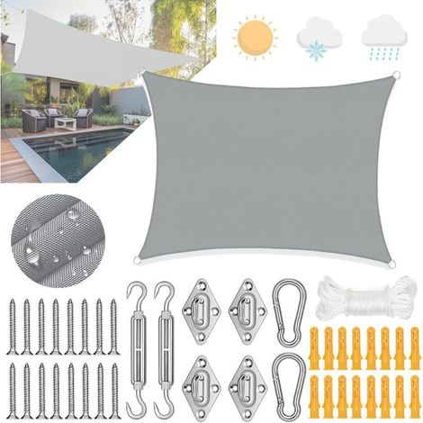 Rechteckiges, wasserdichtes Sonnensegel (2 x 3 m) mit Ösen und Befestigungsmaterial, 98 % UV-Schutz, für Garten, Terrasse und Camping
