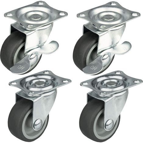 Set of 4 swivel casters for furniture with a maximum load capacity of 25 kg / set of swivel casters for furniture with Ø 50 mm wheel, with brake. Steel housing with wheels. (1/5)