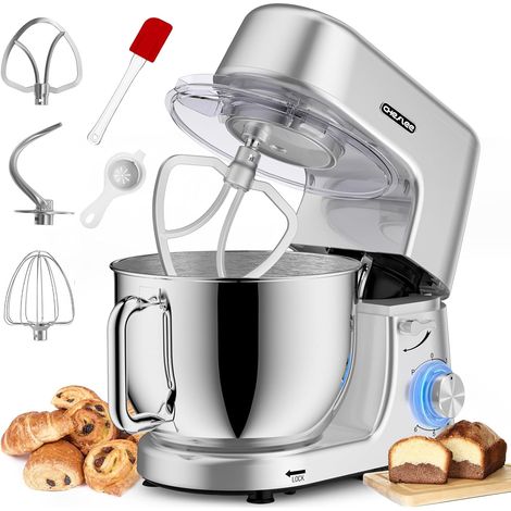 Pastry Processor, 2000 W 7.2 L Kitchen Mixer, Stainless Steel Bowl, Whisk, Beater, Hook, Splash Guard 6+P Speeds (1/5)