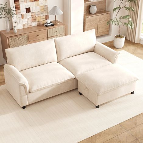 Canapé d’Angle Modulable Beige –3 Places- Assise nuage– Avec repose-pieds mobile et rangement caché – Tissu chenille- 216×82×77 cm (1/5)