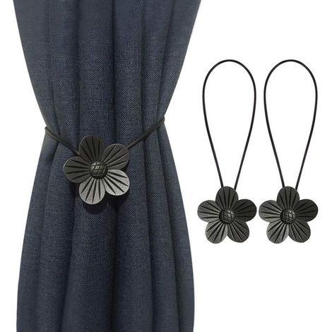 Lot de 2 boucles de rideau magnétiques à motif floral, pour la maison, le salon, la chambre à coucher, le bureau (noir) (1/5)