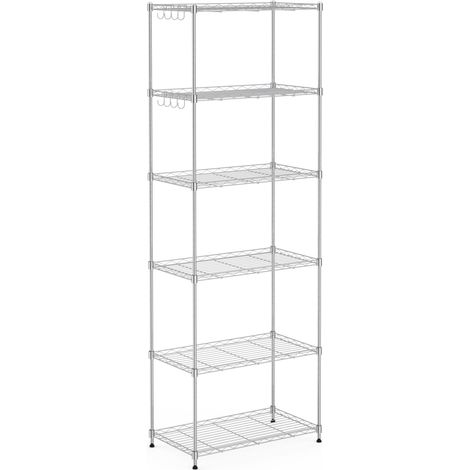 Mondeer Scaffale, Scaffale Portaoggetti in Metallo, 6 Livelli, con 8 Ganci, Regolabile in Altezza, Utilizzabile in Cucina,Bagno,Soggiorno, Balcone, Argento (1/5)