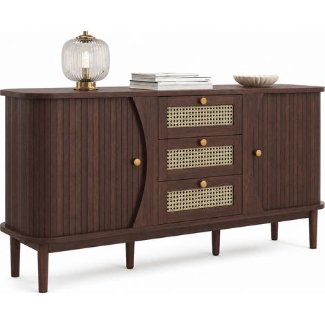 Sideboard en bois foncé et résine tressée avec 3 tiroirs, portes coulissantes, bords arrondis et rangement pratique, 140,5 cm CHICFURN (1/5)