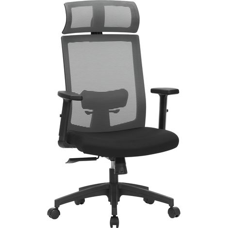 Fauteuil de bureau, Chaise de bureau en toile, Siège ergonomique, pivotant à 360°, support lombaire réglable, appui-tête, accoudoirs, inclinaison du dossier jusqu’à 120°, Gris (1/5)