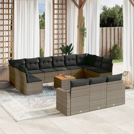 vidaXL Salon de jardin avec coussins 14 pcs gris résine tressée (1/4)