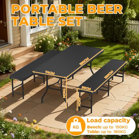 Ensemble table et 2 bancs pliants – Pour 6‑10 personnes, set 180 cm, HDPE + acier portable, poignée – Idéal pour jardin, barbecue, intérieur/extérieur (1/5)