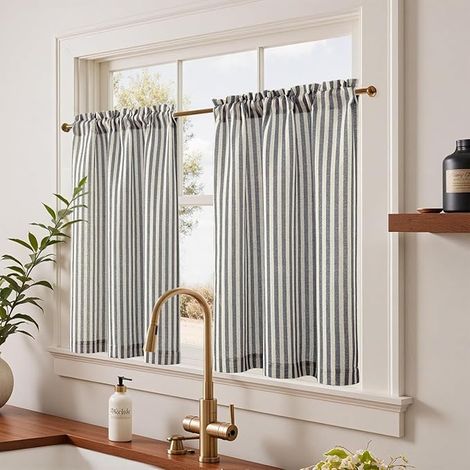 Striped Short Kitchen Curtain with Black on Beige Width 65 x Height 90 cm Linen Effect Semi Transparent Curtain with Rod Pocket for Window Cupboard Panels (1/5)