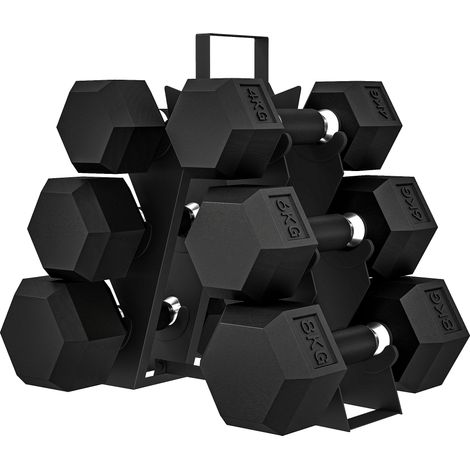 SPORTNOW juego de mancuernas de 6 piezas 36 kg, mancuernas hexagonales 2x4kg, 2x6kg, 2x8kg, con soporte, recubrimiento de goma y mango antideslizante (1/5)