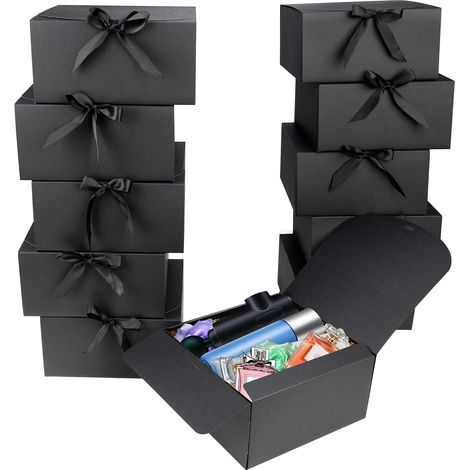 Boîte Cadeau - 12 Pièces - Carton Kraft Noir - Pliable Avec Ruban - Mariage Noël Anniversaire - 20x20x10cm (1/5)