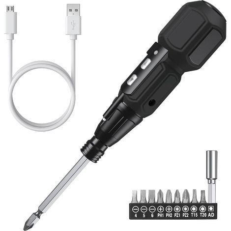 Tournevis électrique sans fil, 3,6 V 900 mAh, rechargeable par USB, avec lampe de travail LED, 9 embouts magnétiques et porte-embout 1/4". (1/5)