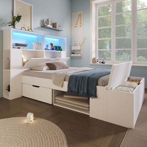 Lit banquette 90x200 cm blanc avec coffre, tiroirs, étagères, led et usb, sommier inclus, sans matelas (1/5)