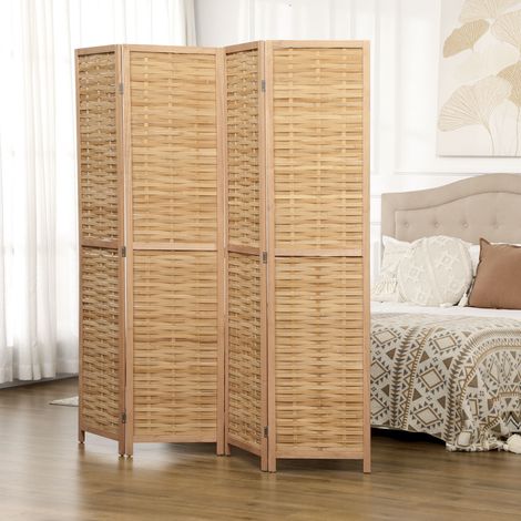Paravent en bois séparateur de pièce closion de séparation pliable 4 panneaux en bambou 160 x 170 cm naturel clair