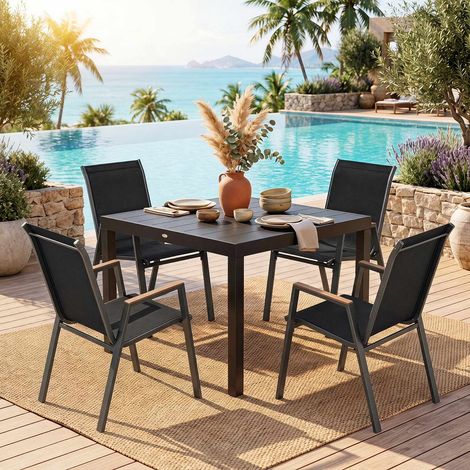Set of 6 Stackable Garden Chairs, Black Teslin Fabric (1/5)