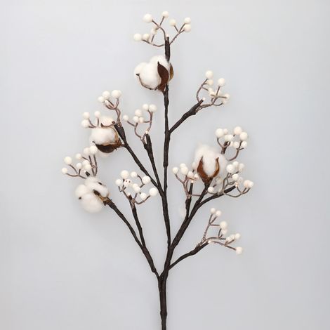 Rama decorativa LED de flores de algodón y bayas blancas 0,55M Luz cálida (1/5)