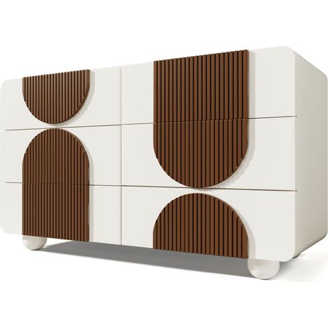 Commode blanche avec 6 tiroirs, design arrondi et pieds en bois massif chocolat, 121x71x41 cm (1/5)