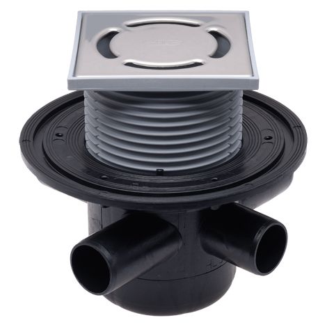 Puisard de sol DN50 avec 3 entrées DN40, disconnecteur, support de grille 123x123mm, grille en acier inoxydable 115x115mm