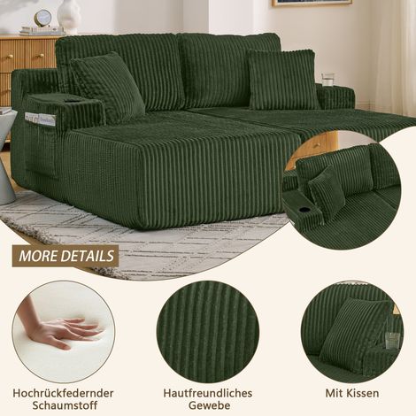 Canapé convertible 2 places relax, vert, fauteuil club en tissu corde doux, avec rangement latéral pour magazines, support boissons et coussin, parfait pour salon, bureau, chambre d’amis et appartemen