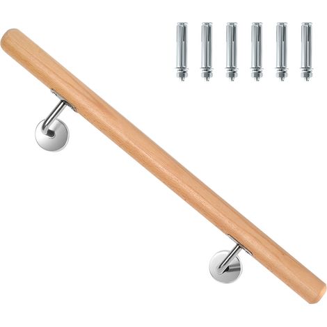 Wolketon Barandilla de pared de haya 80 cm, pasamanos antideslizante Ø4,2 cm con soportes inox, para niños mayores (1/5)
