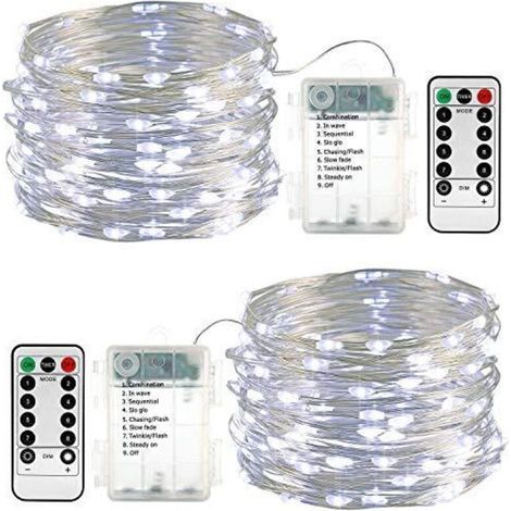 Set aus 2 batteriebetriebenen 10m (100 LED) LED-Lichterketten, wasserdicht, für den Außenbereich, mit Fernbedienung, Timer und Dimmfunktion (weiß). (1/5)