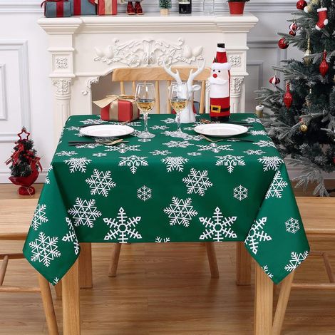 Nappe de table de Noël flocons de neige 137x137cm Vert Lavable hydrofuge
