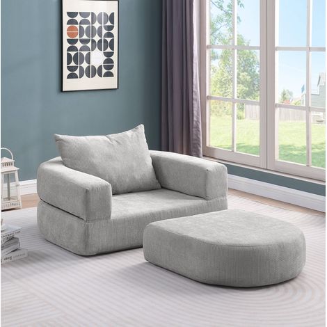 Sofá cama modular plegable con cojín y taburete, chenilla gris claro, HAVRYA (1/5)