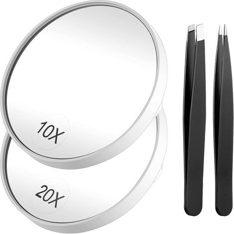 Miroir grossissant 10x et 20x – Maquillage et soins de la peau – 2 pincettes incluses (1/5)