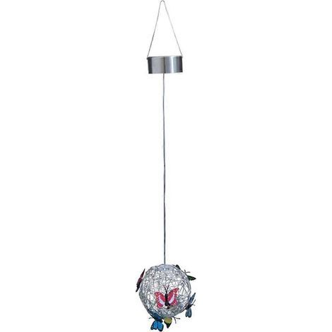 Lampe décorative solaire ronde suspendue pour jardin avec papillon et structure tissée. veilleuse extérieure (1/5)