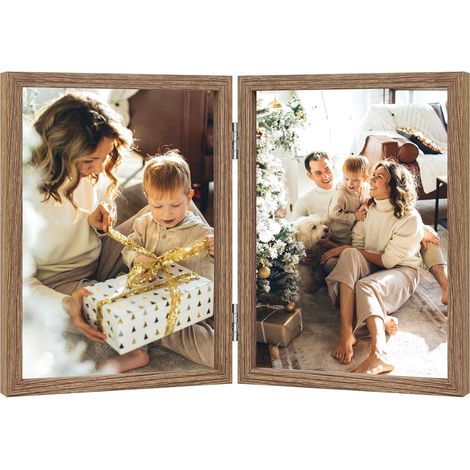 Cadre Photo Double 10x15 cm Cadre en Bois Pliable avec Verre, Bois (1/5)