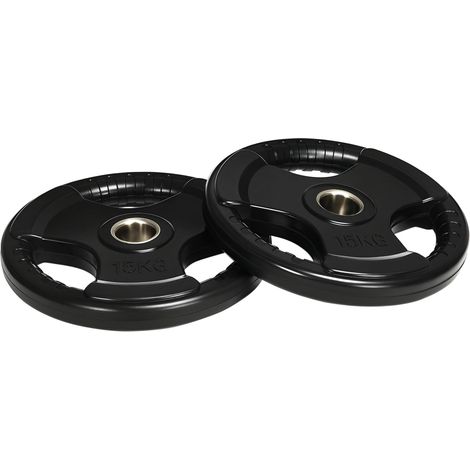 Disques de musculation, lot de 2, 15 kg par disque, trois poignées, revêtement en caoutchouc protecteur de sol, métal (1/5)