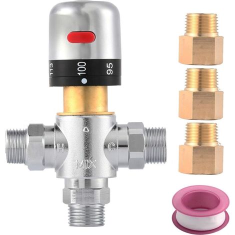 Thermostatisches Mischventil, Duschwasser-Mischventil, mit 1/2"-G- auf 1/2"-NPT-Anschlussadaptern, Wassertemperaturregelventil, Silber