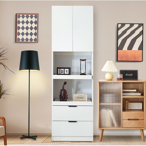 Hoher Küchenschrank 200 cm weiß mit Türen, Schubladen und offenen Fächern, kippsicher OKMYHOME (1/5)