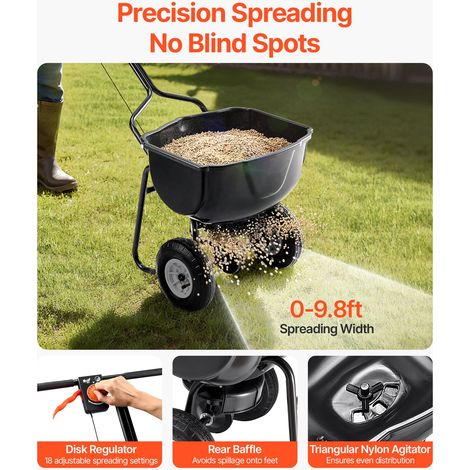 Épandeur à pousser tracté à pied, capacité 27 kg, trémie avec grille, largeur 0-3 m, pneus pneumatiques 20 cm tout terrain, pour gazon jardin semences engrais (1/5)