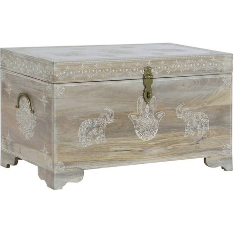 Boîte de rangement éléphant en bois Mango finition naturelle - Beige boisé naturel avec motifs (1/5)