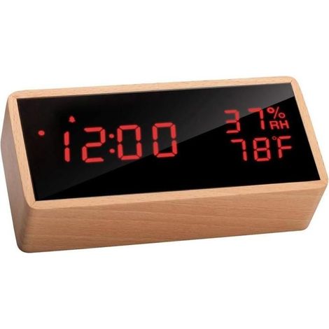 Réveil numérique bois LED rouge AUCUNE, USB, snooze, affichage heure température humidité (1/5)
