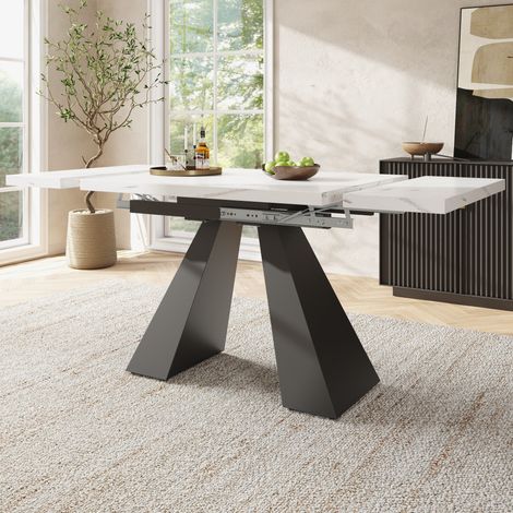 Table à manger extensible MDF blanc effet marbre et métal noir 99-159x74x77 cm (1/5)