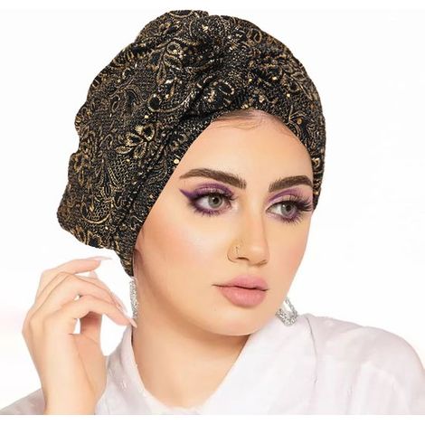 Pañuelo para la cabeza de mujer, pañuelo anudado, cubrecabezas de algodón suave, pañuelo anudado de crepé decorado con lentejuelas - negro (1/5)