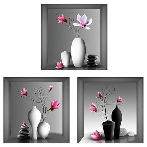 Lot de 3 stickers muraux 3D pour salon - Fleurs 3D - Vase - 30 x 30 cm - 3D - Vase - Pour chambre à coucher, salon, chambre d'enfant (1/5)