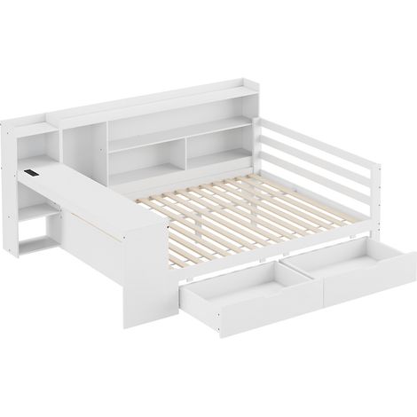 Canapé-lit en bois massif 140200 cm, avec bureau, bibliothèque, compartiments de rangement et étagères, avec prise, avec 2 grands compartiments de rangement, lit double multifonctionnel en bois, blanc (1/5)