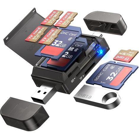 Adaptateur Lecteur de Carte SD/TF 6 en 1 avec Ports USB A et Type-C et emplacements USB 3.0 pour Cartes mémoire Micro SD/SDHC/SDXC/MMC, Compatible avec PC, MacBook,téléphones Android et iPhone (1/5)