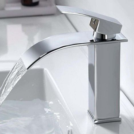 Robinet mitigeur lavabo effet cascade en laiton chromé – Raccord G 3/8, eau chaude/froide, design élégant et moderne