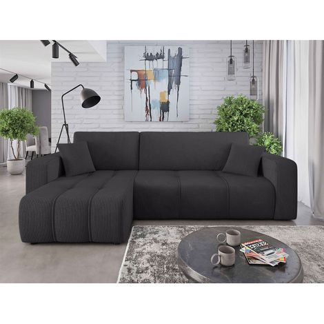 Ecksofa mit Schlaffunktion Sofa DAGNY in Stoff Poso Schwarz Ottomane Links