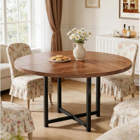 Table à manger ronde industrielle 120 cm, plateau bois brun et structure métal noir (1/5)