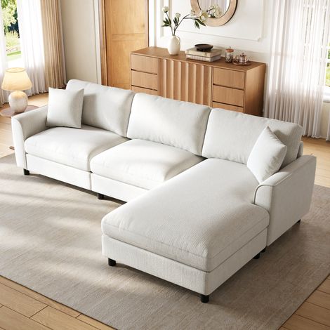 MEUBLIV Ecksofa aus beiger Chenille, 256 x 137 x 79 cm, beidseitig montierbare Ottomane (1/5)