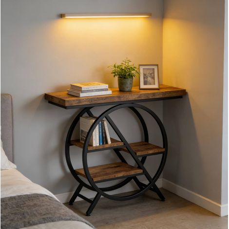 Table console en bois et métal noir/marron rustique, 4 niveaux décalés, format étroit (1/5)