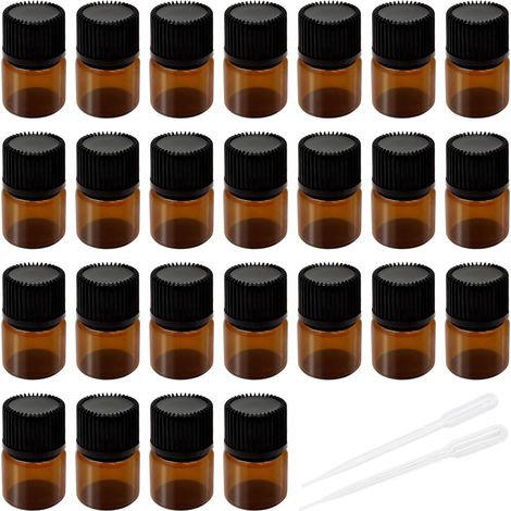 Lot de 25 Bouteilles en Verre Marron de 2 ml pour Huiles Essentielles, Mini Flacons avec Compte-Gouttes et Réducteurs d'Orifice, Idéal pour Aromathérapie, Spa, Massage (1/5)